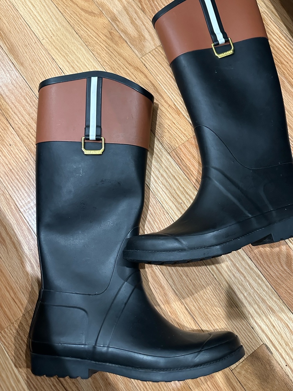 Tommy Hilfiger Black Rain Boots with Brown Top Cuff